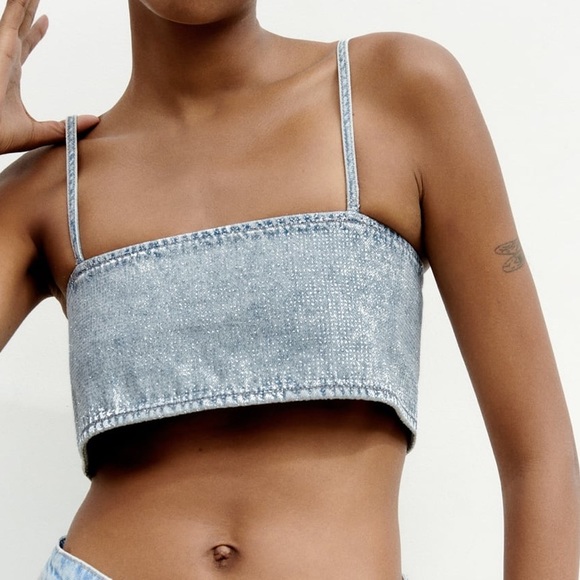 Zara Tops - Denim Rhinestone Top NWT ZARA Jeans Top Women’s Top Vacation Travel Cruise
